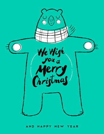 Christmas and new year greeting card design with hand drawn bear. Cute holiday calligraphy quote illustration. EPS10 vector.のイラスト素材