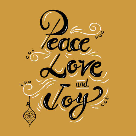 Peace love and joy Christmas calligraphy quote, lettering text design for holiday season. Creative vintage typography font illustration.のイラスト素材