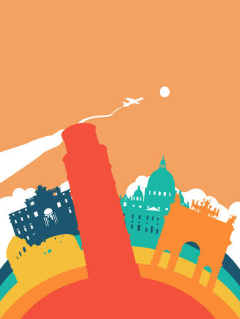Travel Italy landscape illustration, Italian world landmarks. Includes Pisa tower, Roman Colosseum, Trevi fountain. EPS10 vector.のイラスト素材