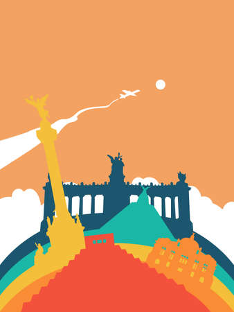 Travel Mexico landscape illustration, Mexican world landmarks. Includes Aztec pyramid, monument to independence, fine arts palace. EPS10 vector.のイラスト素材