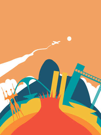 Travel Brazil landscape illustration, Brazilian world landmarks. Includes Brasilia monuments and Rio mountain. EPS10 vector.のイラスト素材