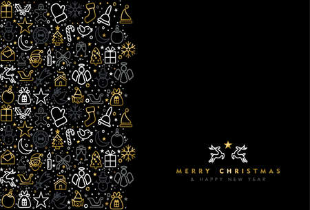 Merry Christmas and Happy New Year greeting card with gold line art holiday icon pattern, outline style ornament background. EPS10 vector.のイラスト素材