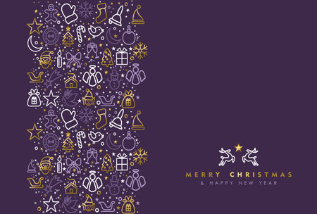 Merry Christmas and happy New Year luxury greeting card design with gold holiday line art icon pattern. EPS10 vector.のイラスト素材