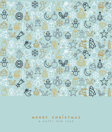 Merry Christmas and happy New Year luxury greeting card design with gold holiday line art icon pattern. EPS10 vector.のイラスト素材