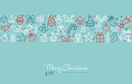 Merry Christmas and Happy New Year greeting card with line art holiday icon pattern, outline style winter decoration background. EPS10 vector.のイラスト素材