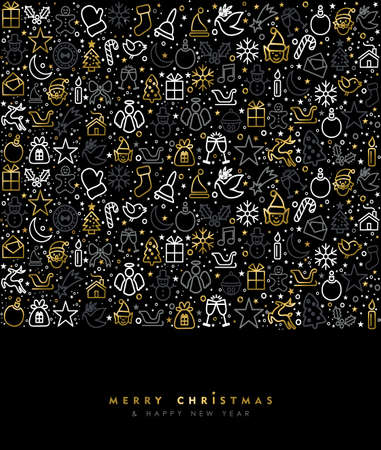 Merry Christmas and happy New Year luxury greeting card design with gold holiday line art icon pattern. EPS10 vector.のイラスト素材