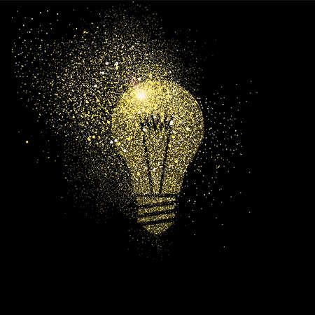 Light bulb symbol concept illustration, gold icon made of realistic golden glitter dust on black background. EPS10 vector.のイラスト素材