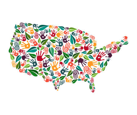 American country shape with green leaves and human hand prints. United States world help concept illustration for charity work, nature care or social project. EPS10 vector.のイラスト素材