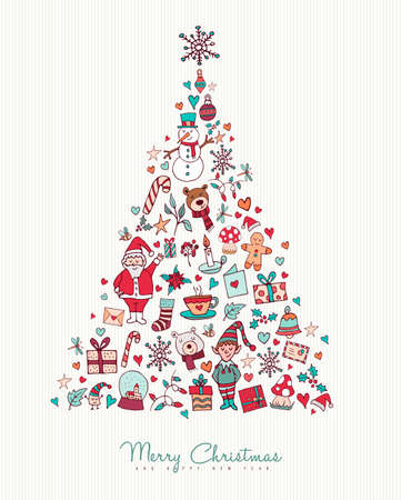 Merry Christmas and happy new year hand drawn holiday icons in xmas pine tree shape. Includes animals, santa claus, winter decoration. EPS10 vector.のイラスト素材