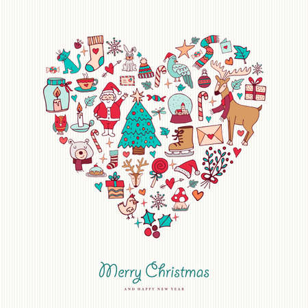 Merry Christmas and happy new year hand drawn holiday icons in heart shape. Includes deer, santa, winter decoration. EPS10 vector.のイラスト素材