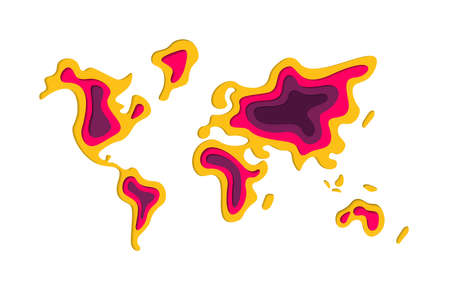 World map shape illustration in modern 3d paper cut art style. Colorful layered papercraft cutout design. EPS10 vector.のイラスト素材