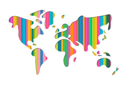 World map shape illustration in modern 3d paper cut art style. Colorful realistic papercraft cutout design. EPS10 vector.のイラスト素材