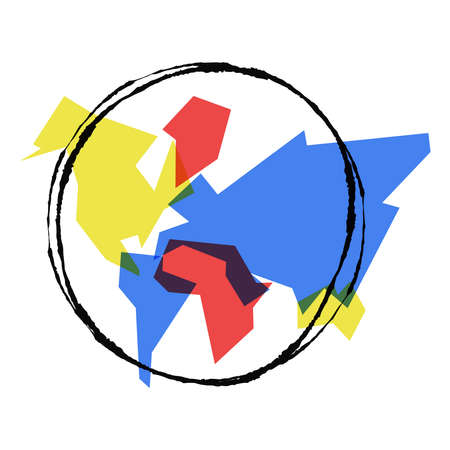 Abstract world map simple concept illustration, colorful geometric continent shapes with hand drawn planet earth outline. EPS10 vector.のイラスト素材