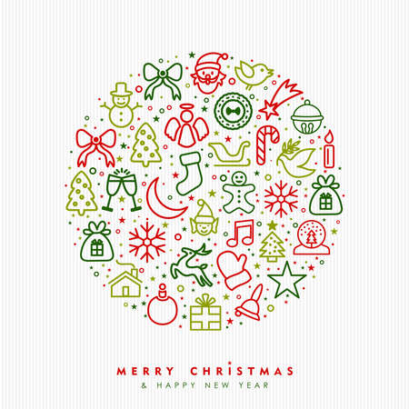 Merry Christmas and happy New Year greeting card design with holiday line art icon illustration. Includes ornament decoration, reindeer, pine tree. EPS10 vector.のイラスト素材