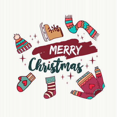 Merry Christmas Happy New Year hand drawn label tag set.のイラスト素材