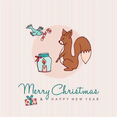 Merry Christmas Happy New Year hand drawn forest animals greeting card.のイラスト素材
