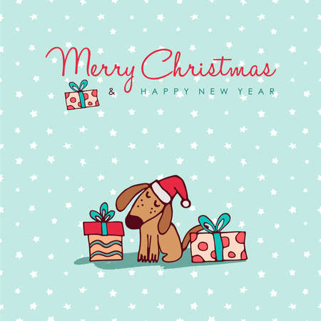 Merry Christmas Happy New Year hand drawn dog greeting card illustration, Funny puppy in santa hat with gift boxes and handwritten holiday typography quote. Merry Christmas Happy New Year hand drawn dog greeting card illustration, Funny puppy in santa hat with gift boxes and handwritten holiday typography quote.