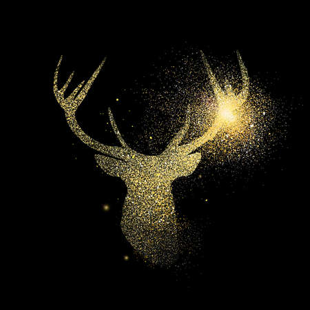 Reindeer head symbol concept illustration, gold deer icon made of realistic golden glitter dust on black background. EPS10 vector.のイラスト素材