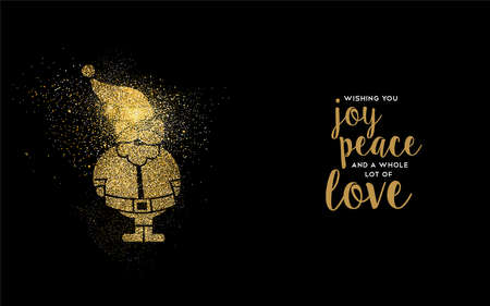 Merry Christmas gold luxury greeting card design. Santa Claus silhouette made of golden glitter dust on black background. EPS10 vector.のイラスト素材