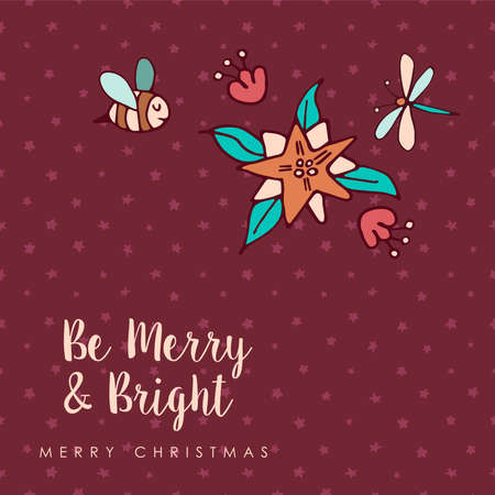 Merry Christmas hand drawn nature illustration greeting card. Cute bee and poinsettia flower cartoon with holiday typography quote. EPS10 vector.のイラスト素材