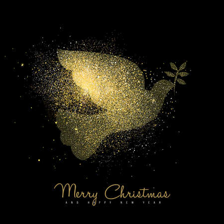 Merry Christmas and Happy New Year luxury greeting card design, gold dove bird silhouette made of golden glitter dust on black background. EPS10 vector.のイラスト素材