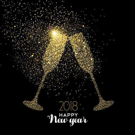 Happy new year 2018 gold champagne glass celebration toast made of realistic golden glitter dust. Ideal for holiday card or elegant party invitation. EPS10 vector.