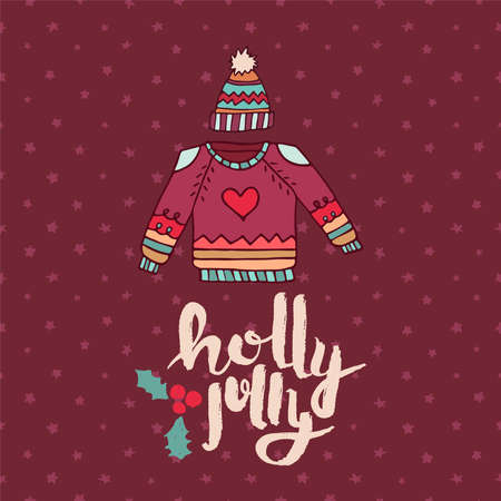 Merry Christmas hand drawn winter fashion greeting card. Cute pullover ugly sweater with handwritten holiday typography quote. EPS10 vector.のイラスト素材
