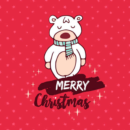 Merry Christmas red hand drawn greeting card. Cute baby polar bear cartoon with handwritten holiday quote. EPS10 vector.のイラスト素材