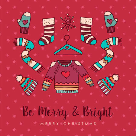Merry Christmas hand drawn winter fashion greeting card. Includes ugly sweater, ice skate, hat, and socks with handwritten holiday typography quote. EPS10 vector.のイラスト素材