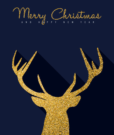 Merry Christmas and new year gold luxury holiday greeting card. Deer head silhouette made of golden glitter texture. EPS10 vector.のイラスト素材