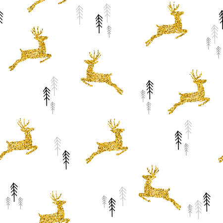 Luxury Christmas seamless pattern, gold deer silhouettes with xmas pine tree doodle made of golden glitter texture. EPS10 vector.のイラスト素材