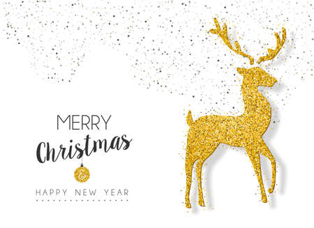 Merry Christmas and happy New Year gold reindeer decoration made of golden glitter dust, holiday greeting card design. EPS10 vector.のイラスト素材