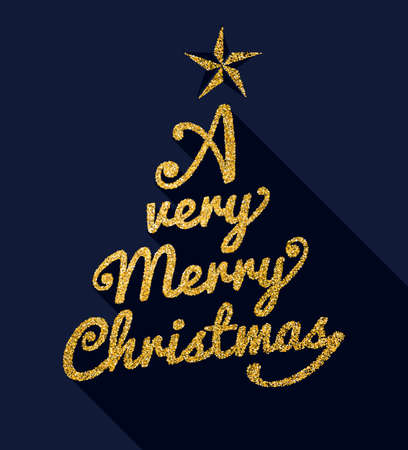 Merry Christmas gold luxury holiday card. Text quote typography in pine tree shape made of golden glitter texture. EPS10 vector.のイラスト素材