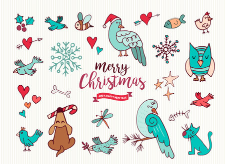 Merry Christmas Happy New Year cute festive cartoon element collection. Set of hand drawn holiday animals, includes puppy dog, xmas dove and owl. EPS10 vector.のイラスト素材