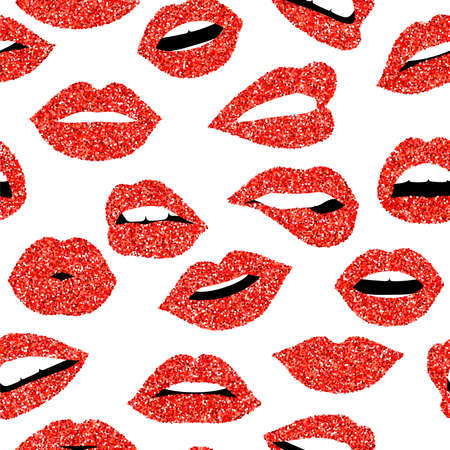 Girl mouth seamless pattern, woman lip with red color glitter lipstick expressing emotions and gestures. EPS10 vector.のイラスト素材