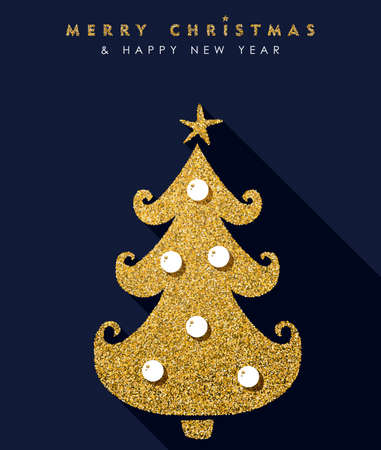 Merry Christmas and new year gold luxury holiday greeting card. Decorated xmas pine tree made of golden glitter texture. EPS10 vector.のイラスト素材