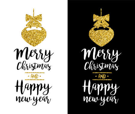 Gold merry Christmas text quote, calligraphy lettering design for holiday season made of golden glitter. Creative vintage typography font illustration. EPS10 vector.のイラスト素材