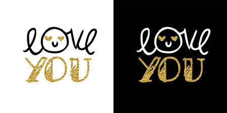 Golden valentines day romantic typography quote for lettering decoration. Hand drawn love element in gold glitter. EPS10 vector.のイラスト素材