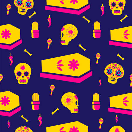 Mexican day of the dead seamless pattern art, sugar skull icons with traditional holiday decoration. EPS10 vector.のイラスト素材