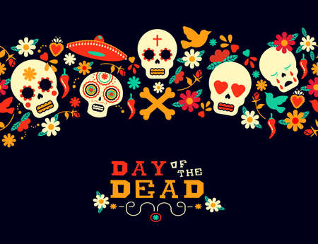 Day of the dead seamless pattern art, mexican holiday celebration background with typography quote. floral spring decoration,  EPS10 vector.のイラスト素材