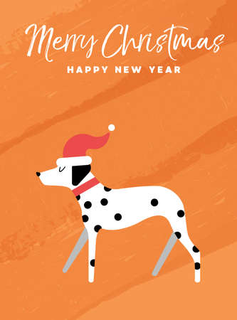 Merry Christmas and Happy New Year holiday greeting card illustration. Dalmatian dog with Santa Claus hat, EPS10 vector.のイラスト素材