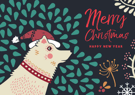 Merry Christmas Happy New Year holiday greeting card. Dog portrait illustration with winter nature and typography quote. EPS10 vector.のイラスト素材