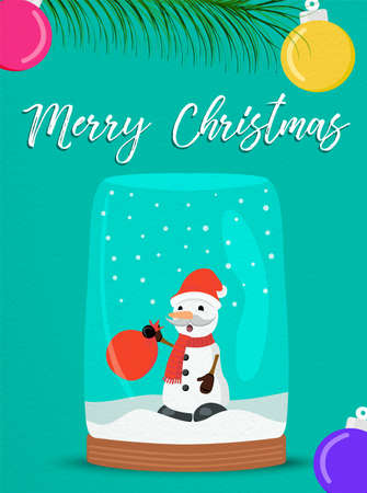 Merry Christmas greeting card with snow globe illustration for holiday season. Funny snowman character in santa claus costume and typography quote.のイラスト素材