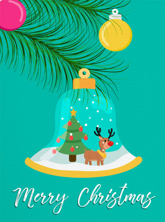Merry Christmas greeting card snow globe illustration for holiday season. Reindeer inside bell ornament with xmas pine tree and typography quote.のイラスト素材