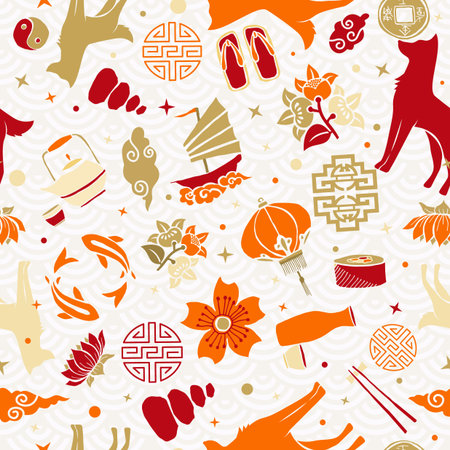 Chinese new year of the dog 2018 seamless pattern illustration, colorful asian culture icon decoration background.のイラスト素材