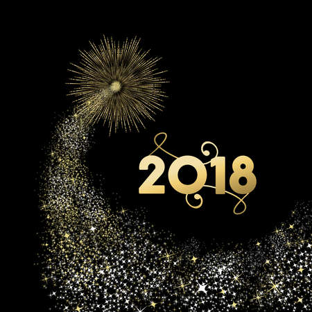 Happy New Year 2018 gold number typography greeting card with fireworks explosion in night sky.