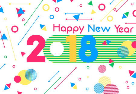 Happy New Year 2018 greeting card cutout illustration, number typography with vibrant color shapes.のイラスト素材