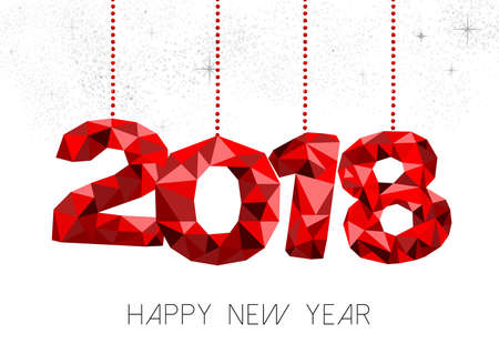 New year 2018 red holiday typography illustration design, low poly decoration on fireworks sky.のイラスト素材
