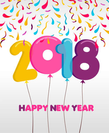 Happy New Year 2018 balloon number typography greeting card illustration with festive party confetti and holiday quote.のイラスト素材