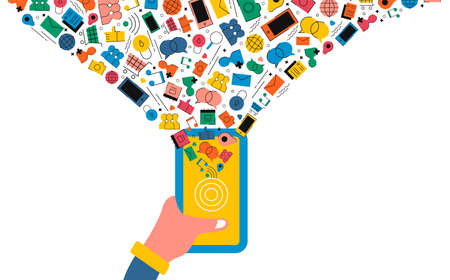 Hand holding mobile phone with internet social media network icons, modern flat color style symbols for online activity.のイラスト素材